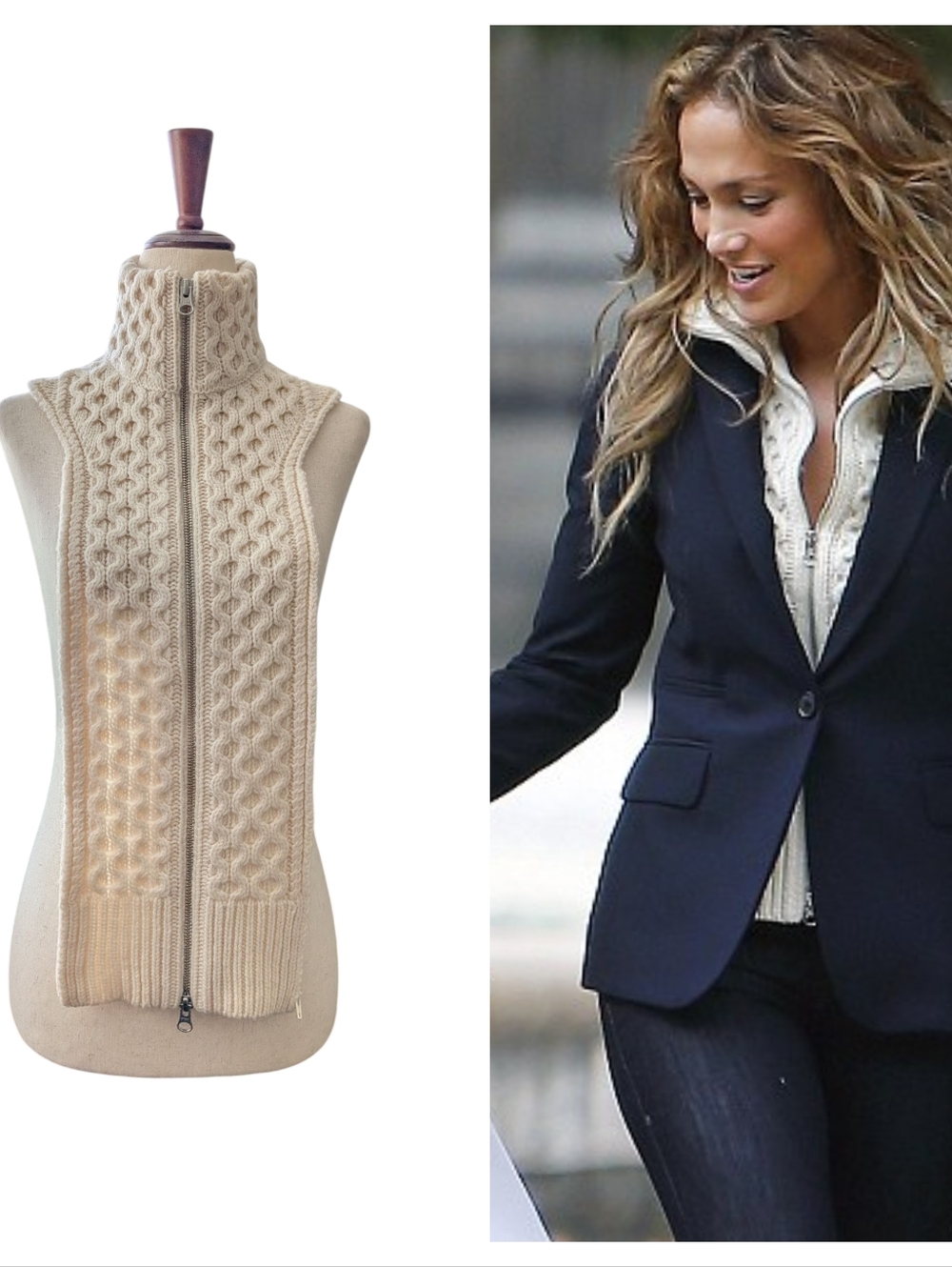 Veronica Beard Upstate Wool Cream Cable Knit Dickey Insert Zip Front